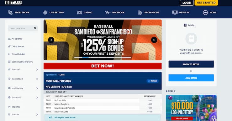An image of the betting screen from BetUS, a popular online sportsbook in Massachusetts.
